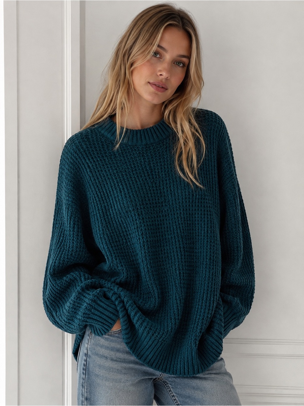 American Eagle Waffle Knit Sweater Super Oversized Stretch Jewel Teal Size S
